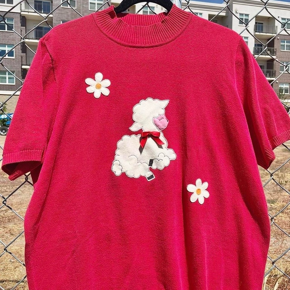 Vintage Red Top with Handmade Lamb and Daisy Patches